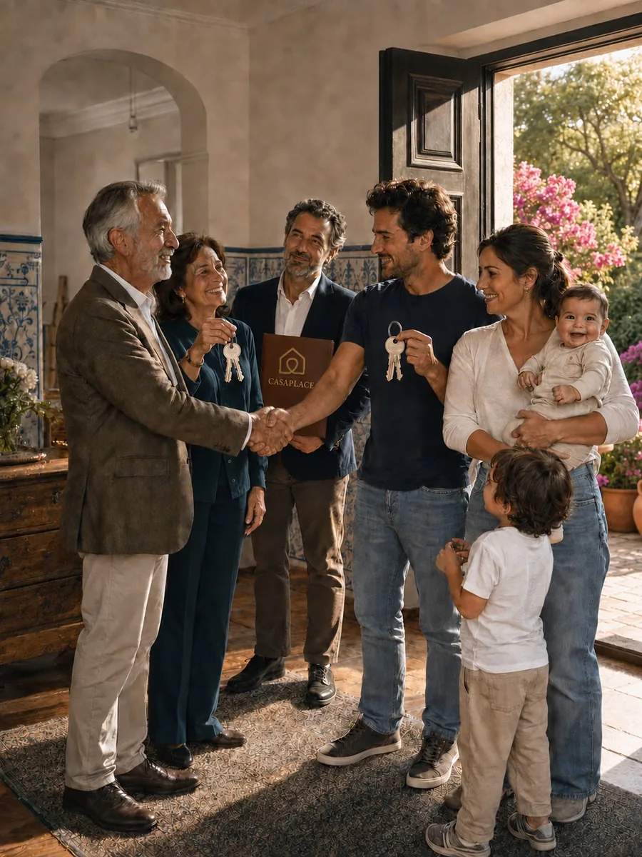 Duas famílias a trocar as chaves das suas casas num hall de azulejos, com aperto de mão