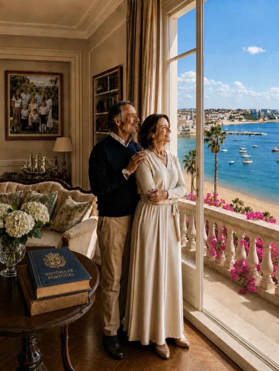 Casal proprietário na sua sala clássica a contemplar a baía pela janela, com o livro História de Portugal sobre a mesa