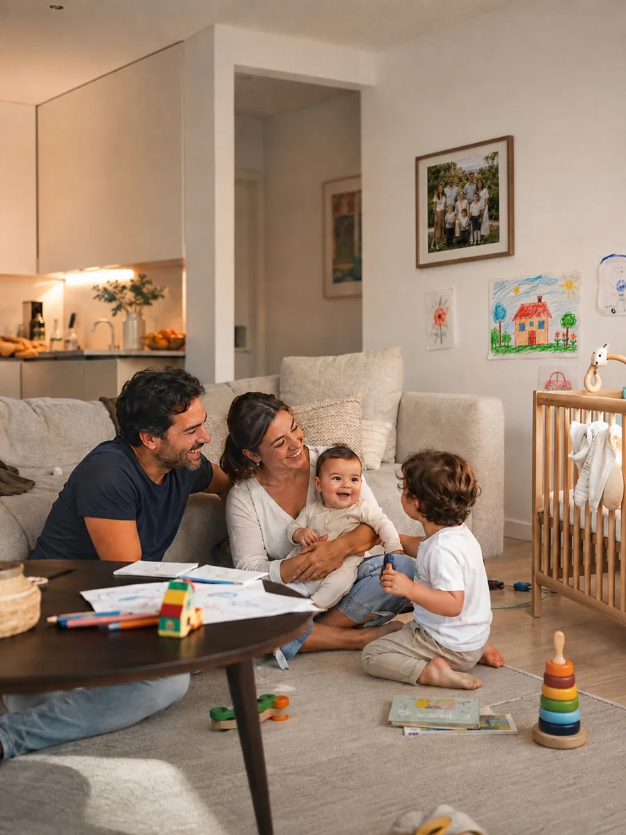 Família jovem com dois filhos pequenos a brincar na sala da casa atual, antes do próximo passo