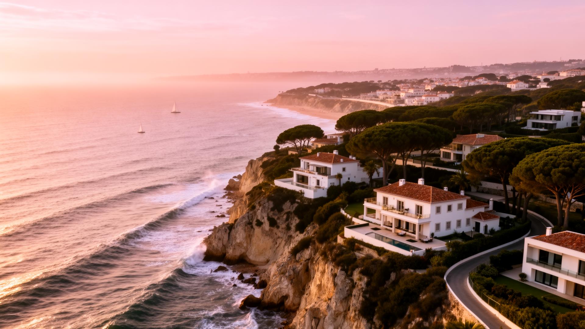 Vista aérea cinematográfica da costa de Cascais e Estoril ao pôr do sol, com o Atlântico e arquitetura portuguesa integrada na paisagem