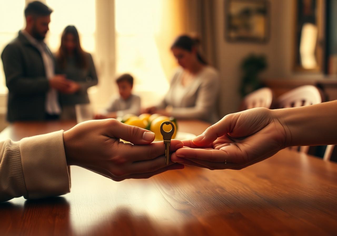 Duas mãos a trocar uma chave antiga sobre uma mesa de madeira quente