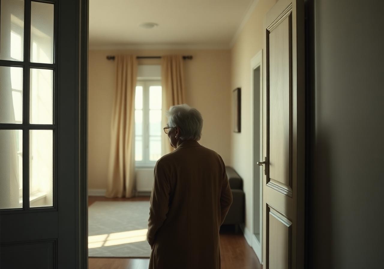 Proprietária a contemplar a sua sala antes de uma decisão de venda, luz suave de fim de tarde